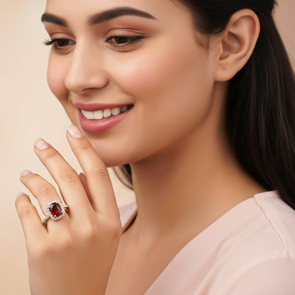 Silver Red Ruby Halo Ring for Women
