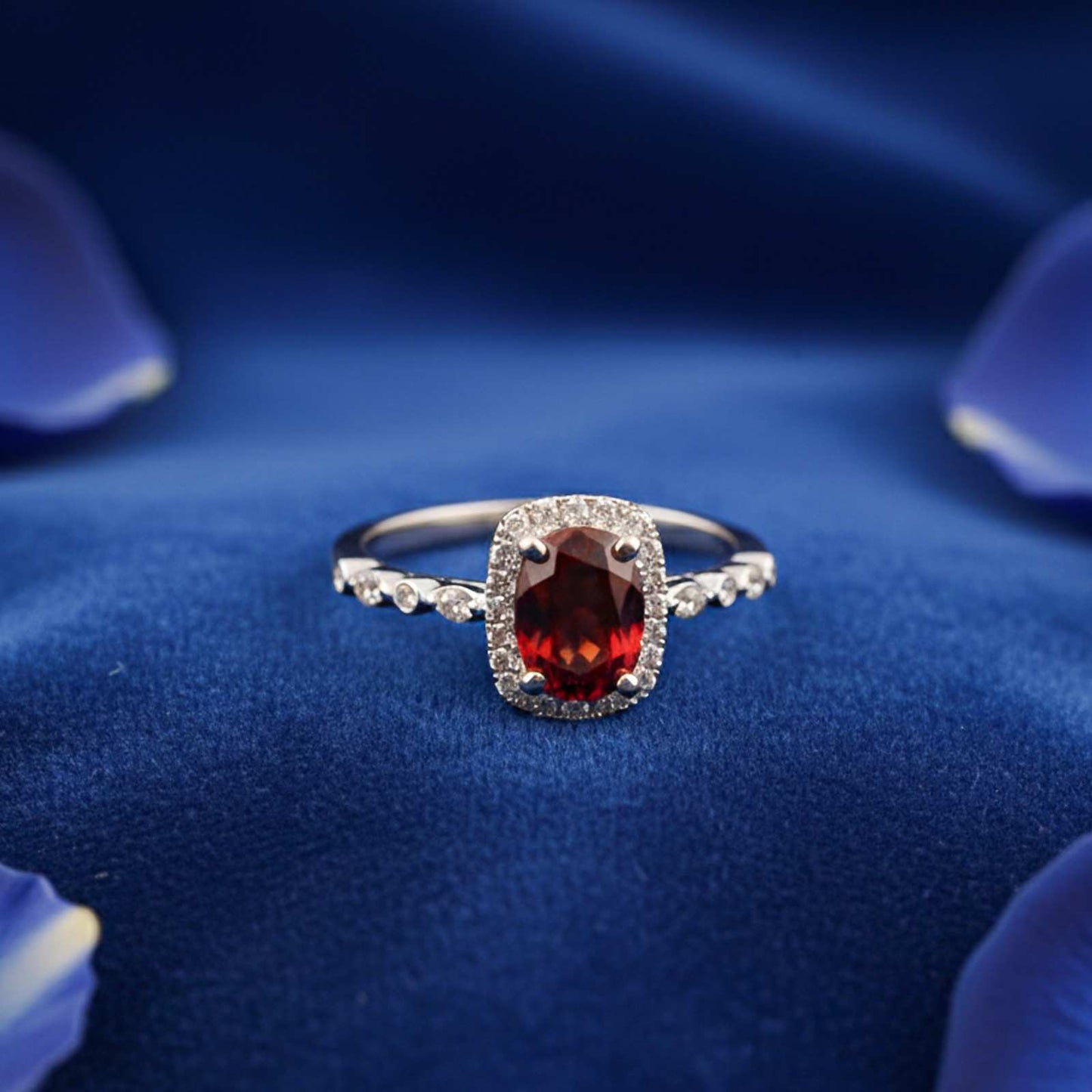 Silver Red Ruby Halo Ring for Women