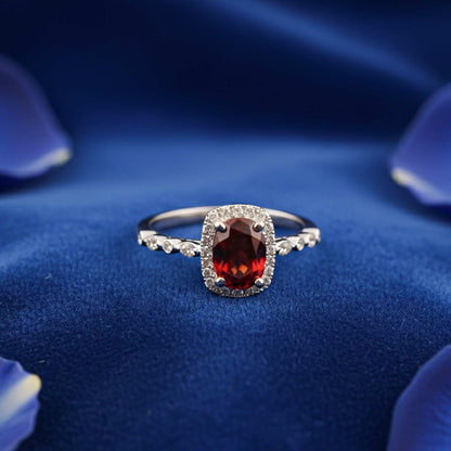 Silver Red Ruby Halo Ring for Women