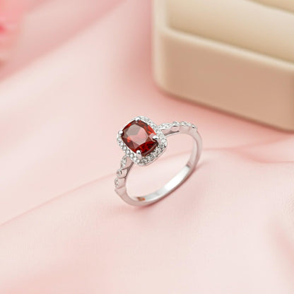 Silver Red Ruby Halo Ring for Women
