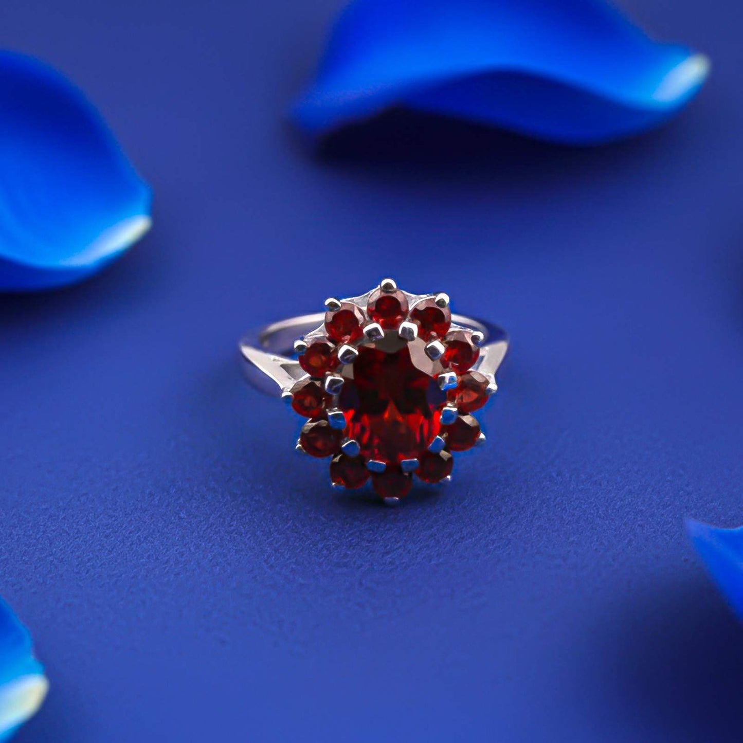 Silver Garnet Halo Ring for Women