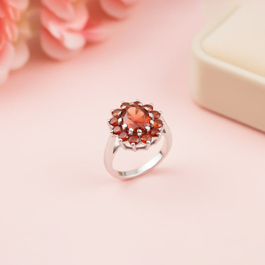 Silver Garnet Halo Ring for Women