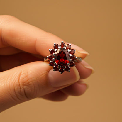 Silver Garnet Halo Ring for Women