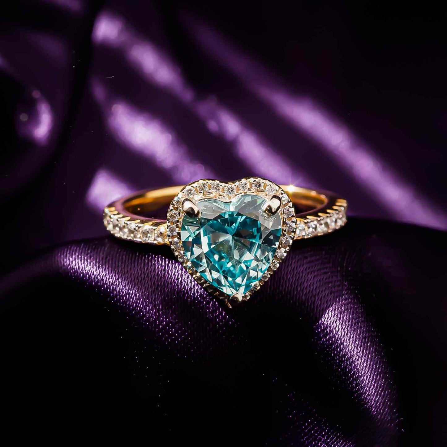 Silver Heart Aquamarine Halo Ring for Women