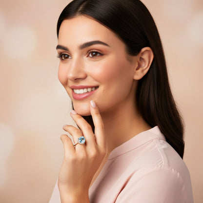 Silver Heart Aquamarine Halo Ring for Women