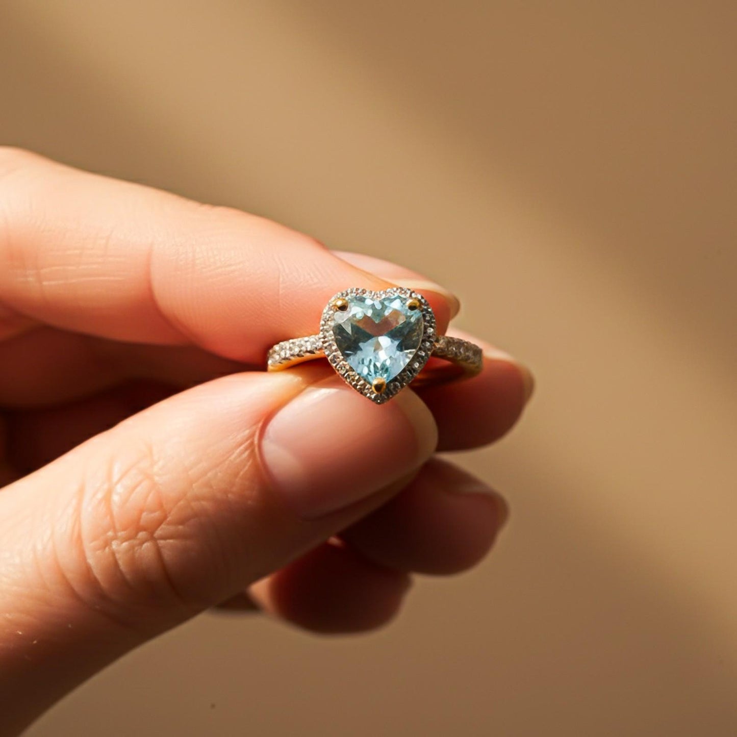 Silver Heart Aquamarine Halo Ring for Women