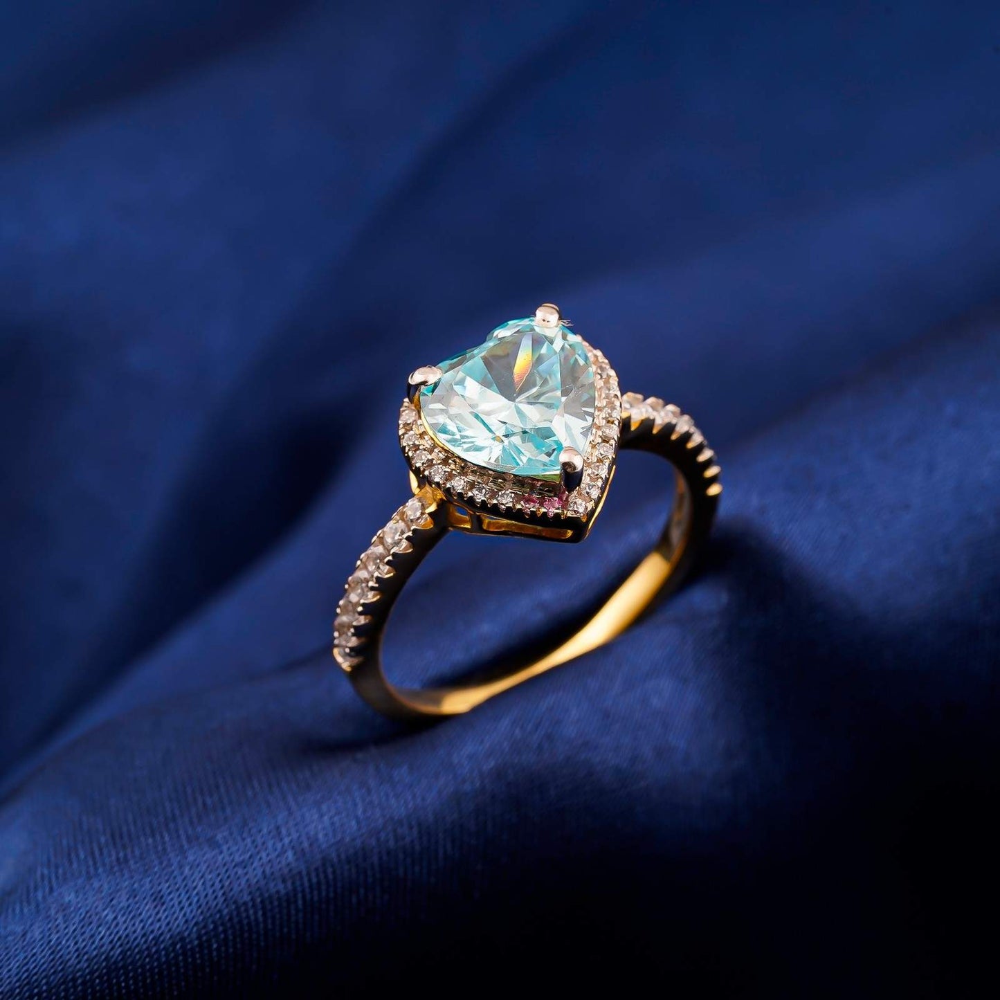 Silver Heart Aquamarine Halo Ring for Women
