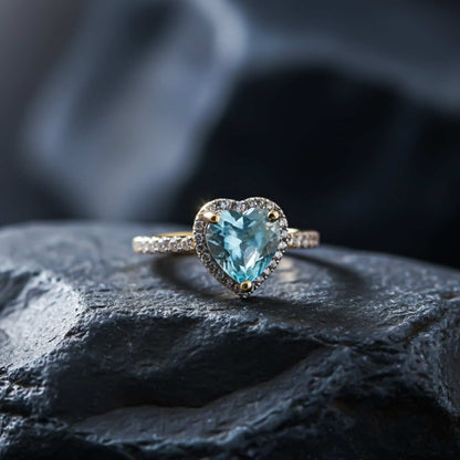 Silver Heart Aquamarine Halo Ring for Women