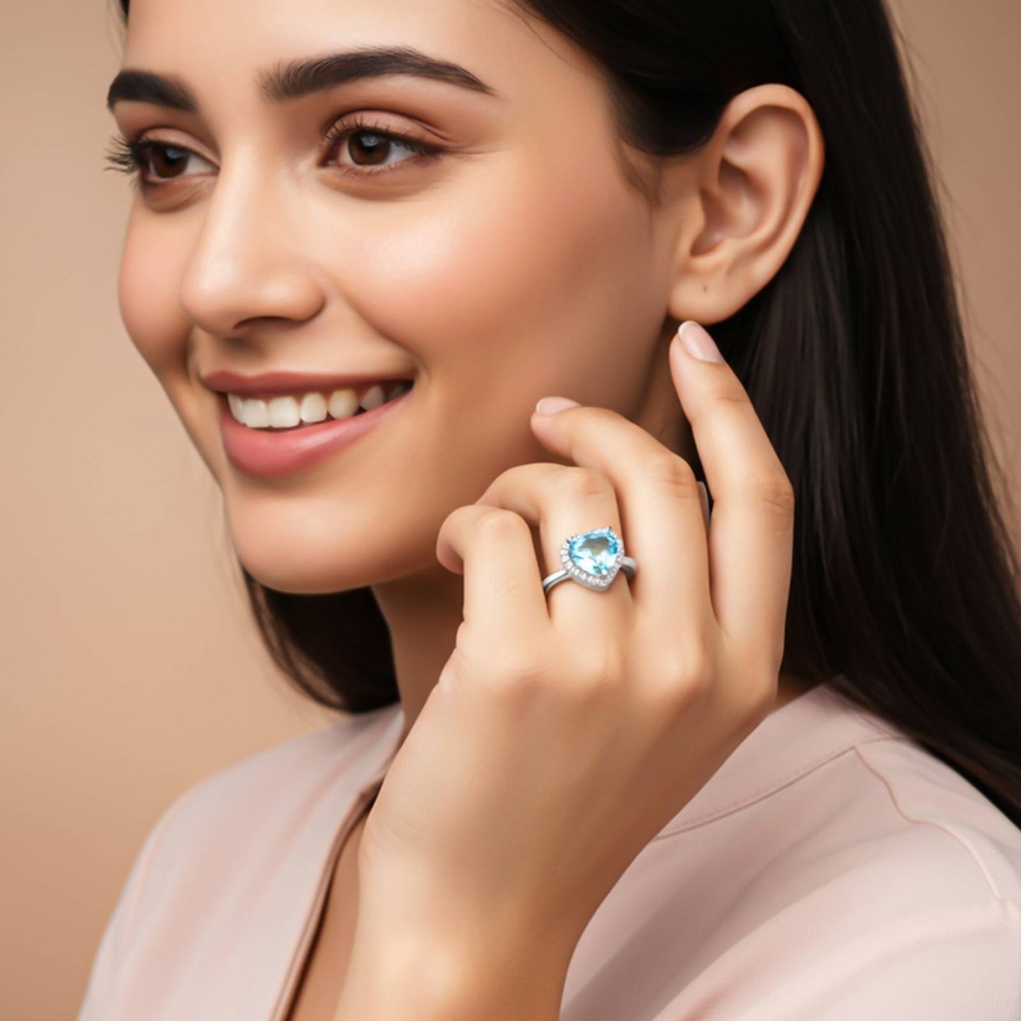 Silver Heart Aquamarine Halo Ring for Women