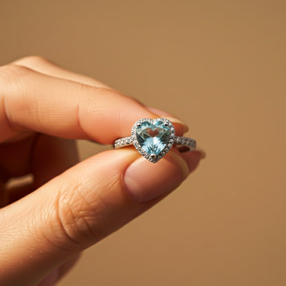 Silver Heart Aquamarine Halo Ring for Women