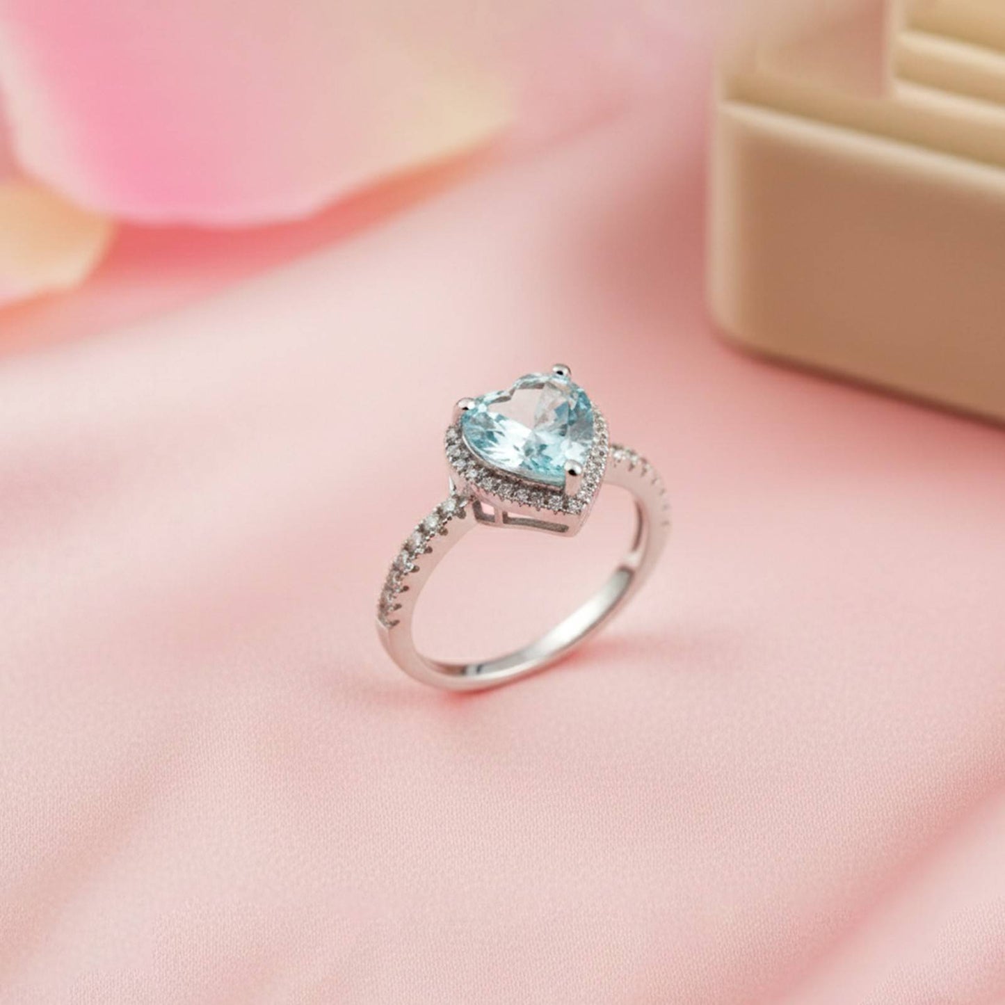 Silver Heart Aquamarine Halo Ring for Women