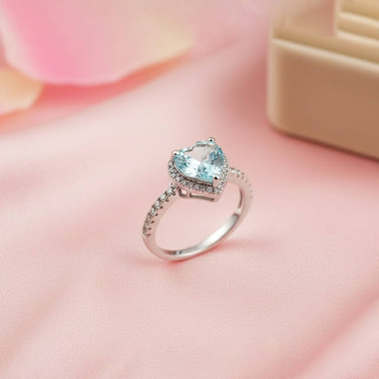 Silver Heart Aquamarine Halo Ring for Women