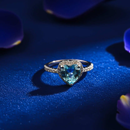 Silver Heart Aquamarine Halo Ring for Women