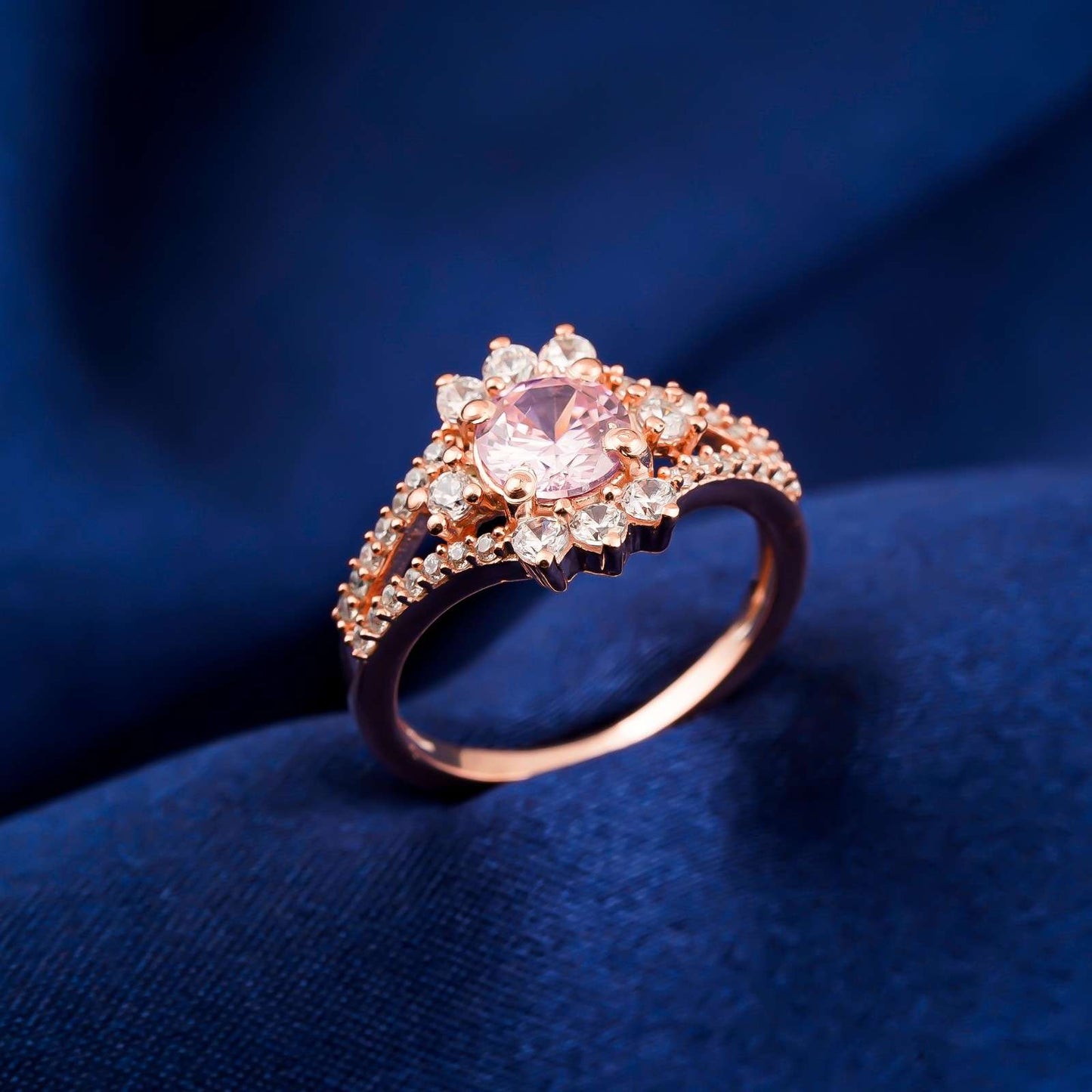 Silver Pink Sapphire Floral Halo Ring