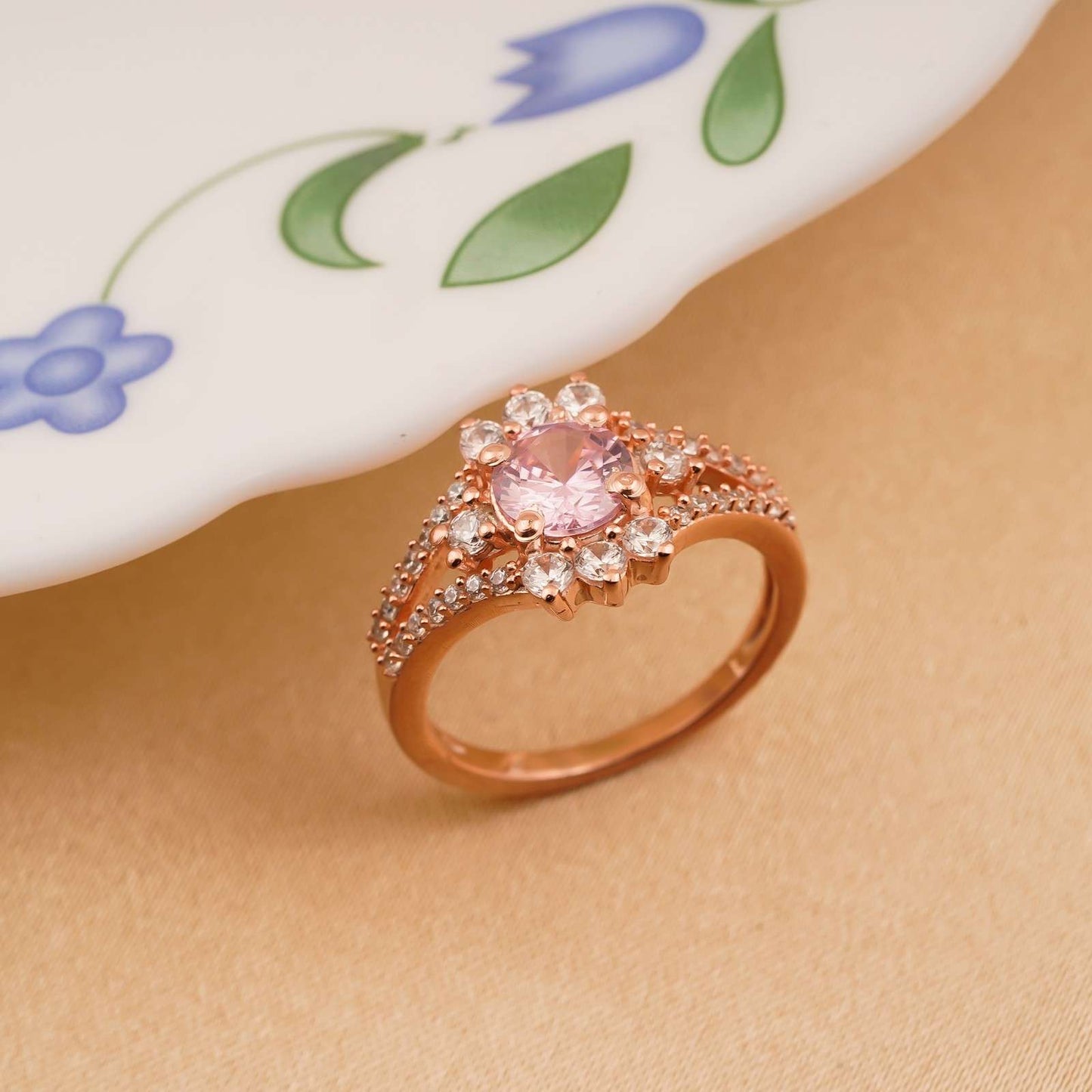 Silver Pink Sapphire Floral Halo Ring