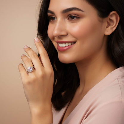 Silver Pink Sapphire Floral Halo Ring