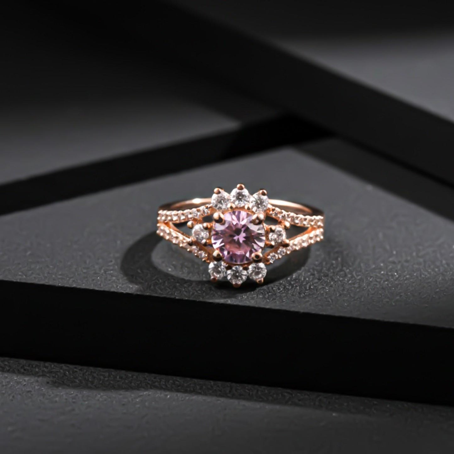 Silver Pink Sapphire Floral Halo Ring