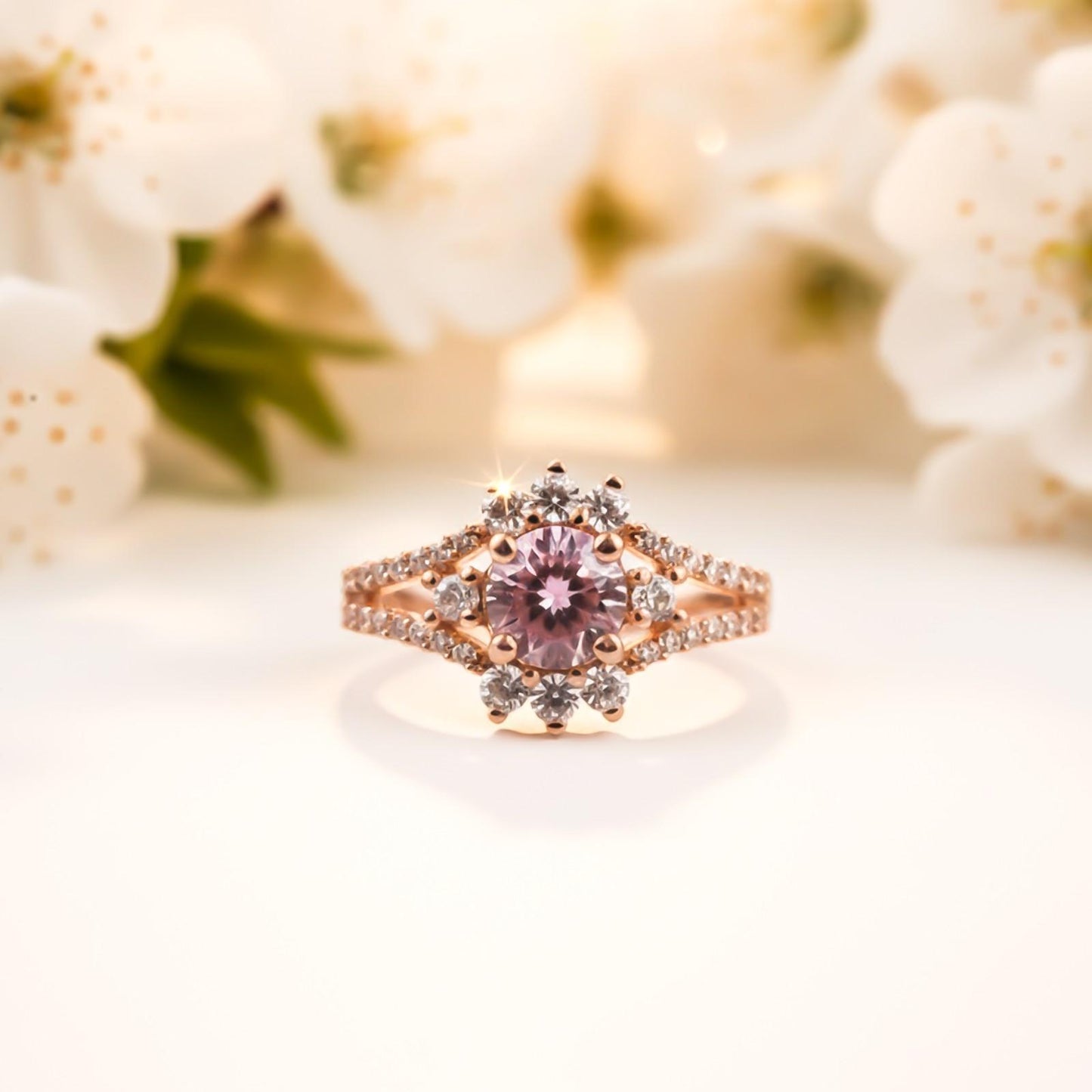 Silver Pink Sapphire Floral Halo Ring