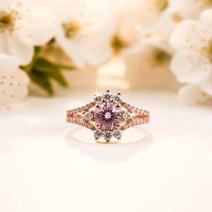 Silver Pink Sapphire Floral Halo Ring