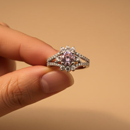 Silver Pink Sapphire Floral Halo Ring