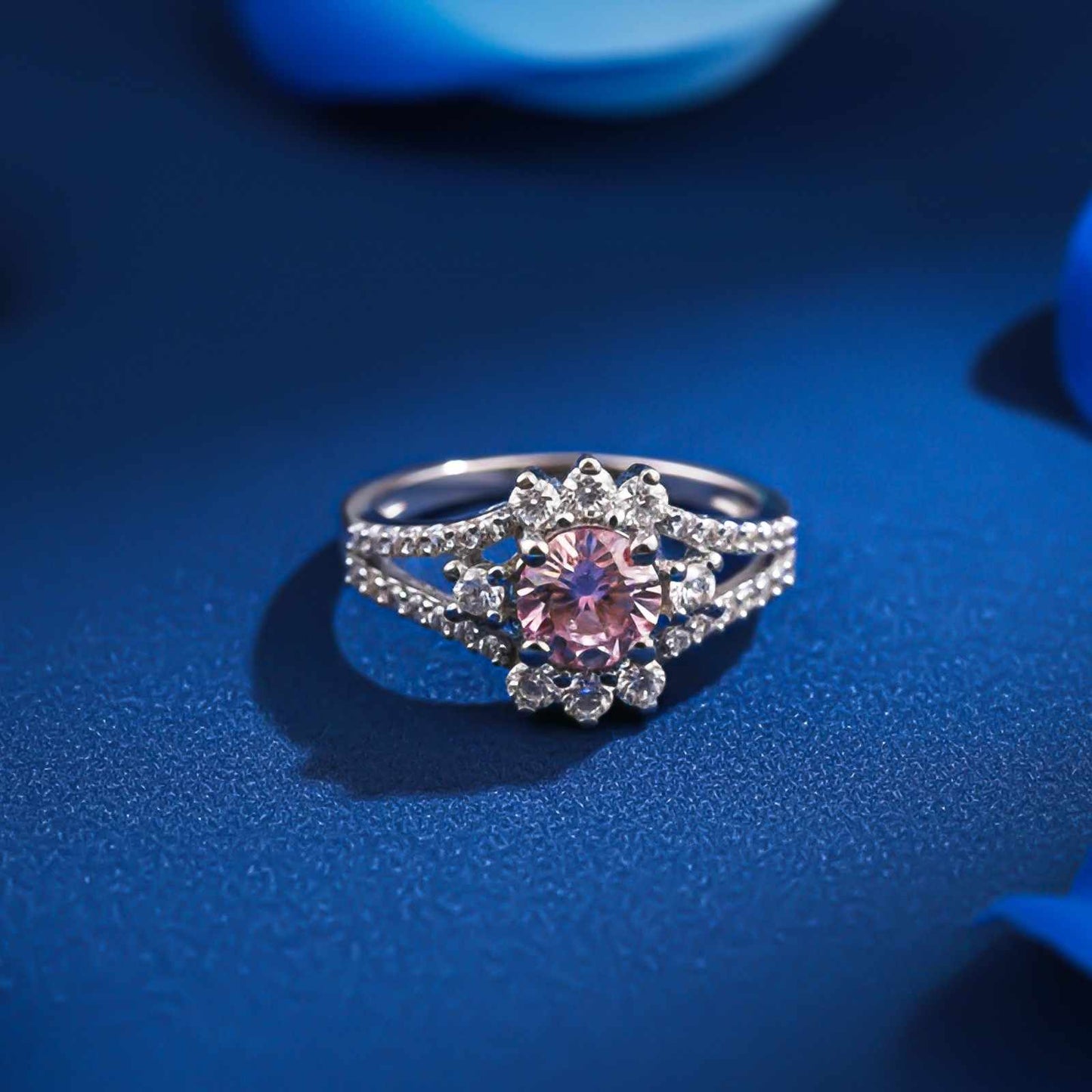Silver Pink Sapphire Floral Halo Ring