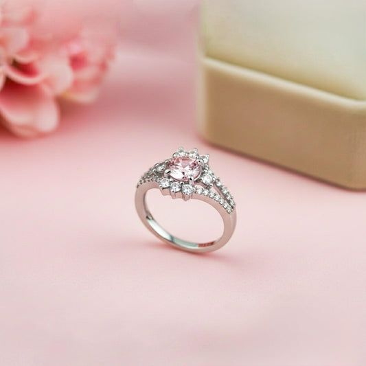 Silver Pink Sapphire Floral Halo Ring