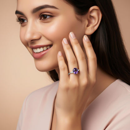 Silver Amethyst Classic Ring for Women