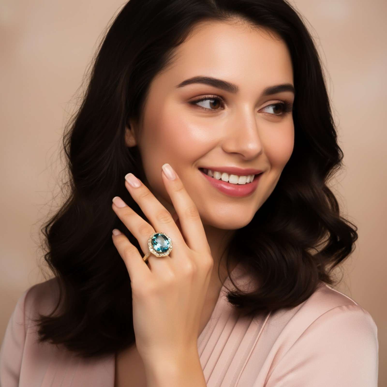 Silver Aquamarine Halo Statement Ring