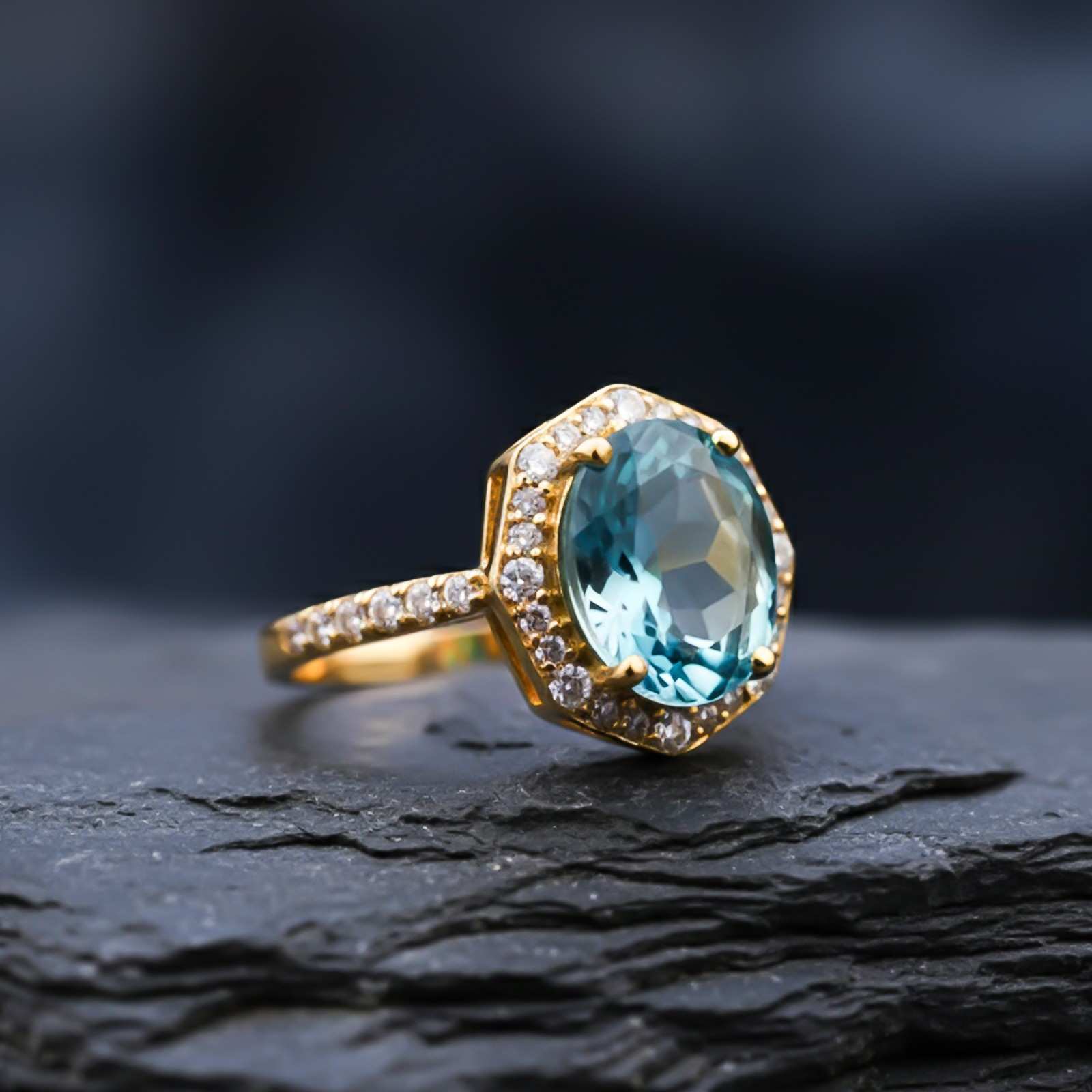 Silver Aquamarine Halo Statement Ring