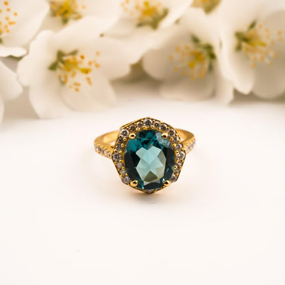 Silver Aquamarine Halo Statement Ring
