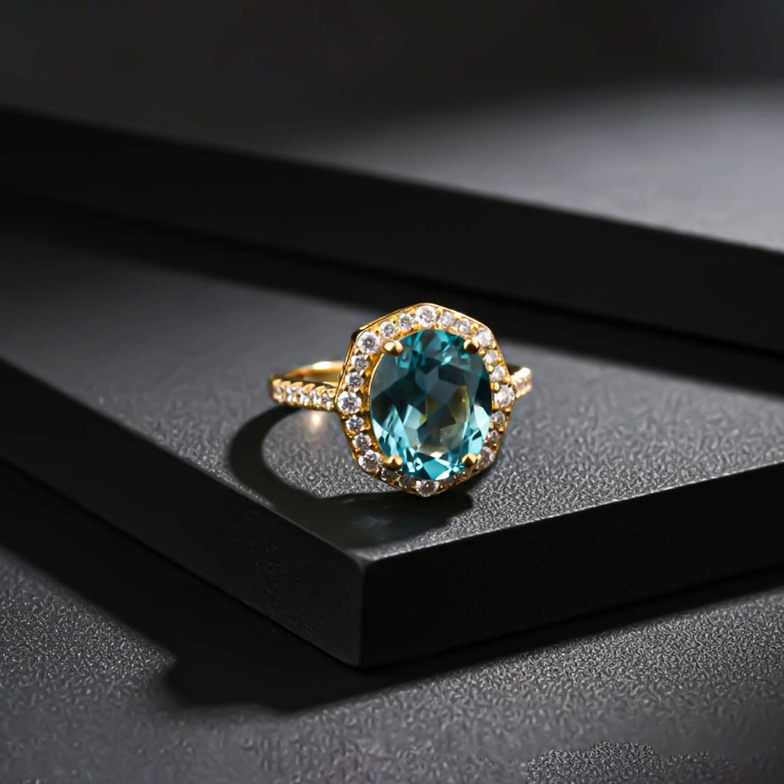 Silver Aquamarine Halo Statement Ring