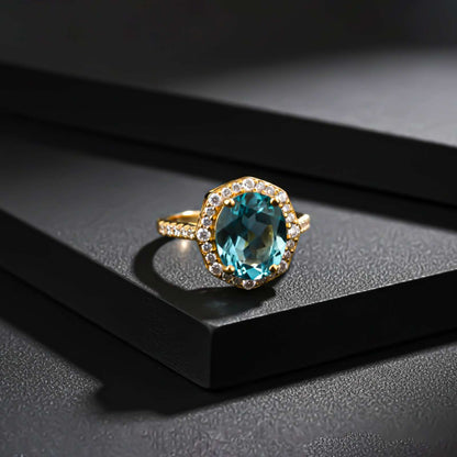 Silver Aquamarine Halo Statement Ring