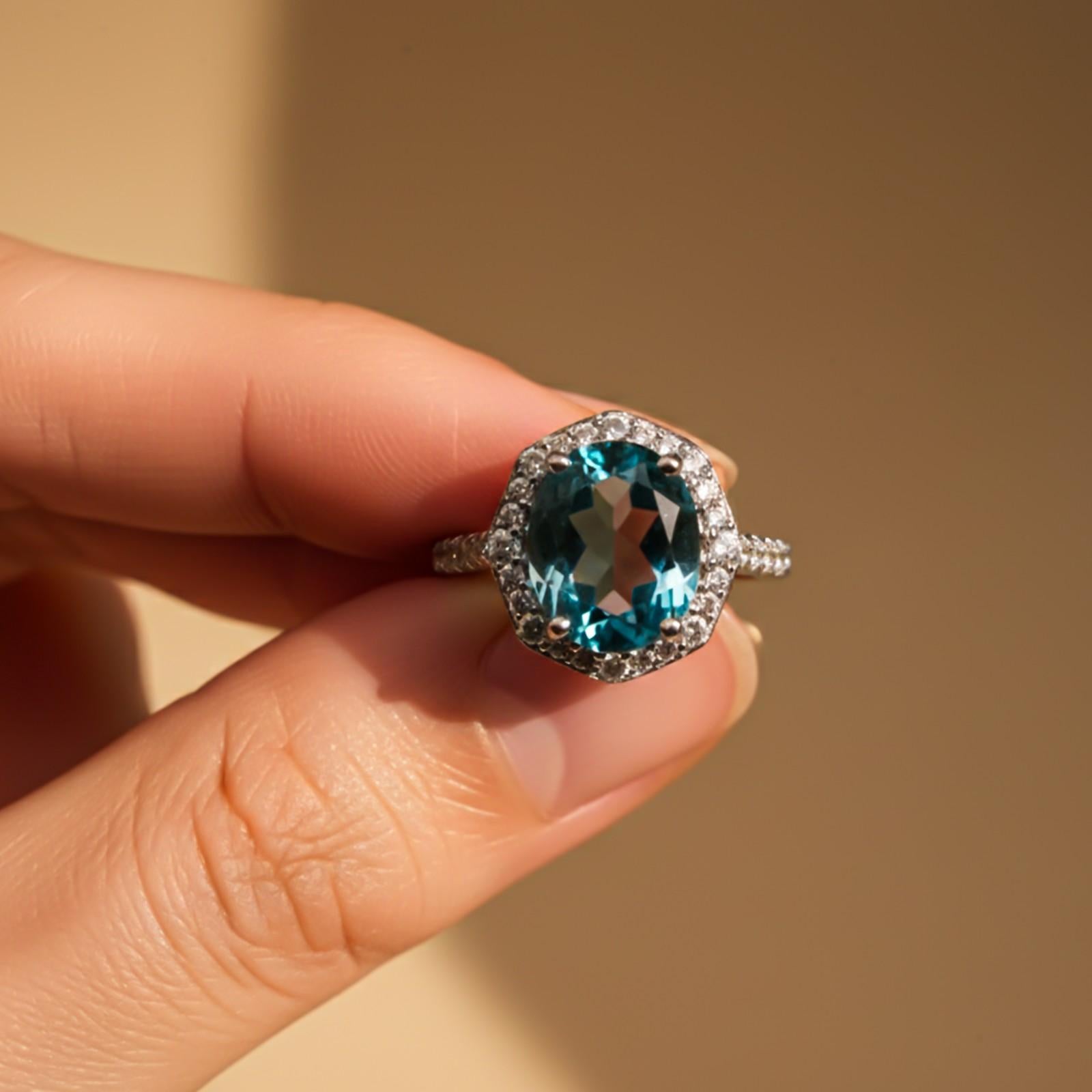 Silver Aquamarine Halo Statement Ring