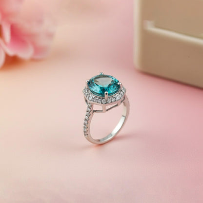 Silver Aquamarine Halo Statement Ring