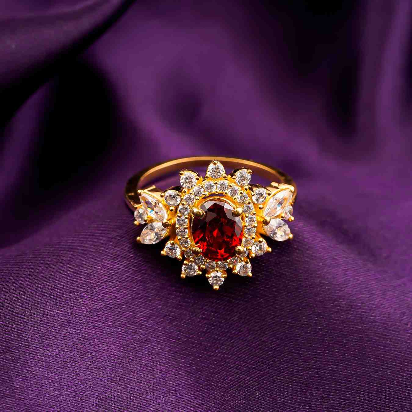 Silver Ruby Floral Halo Statement Ring
