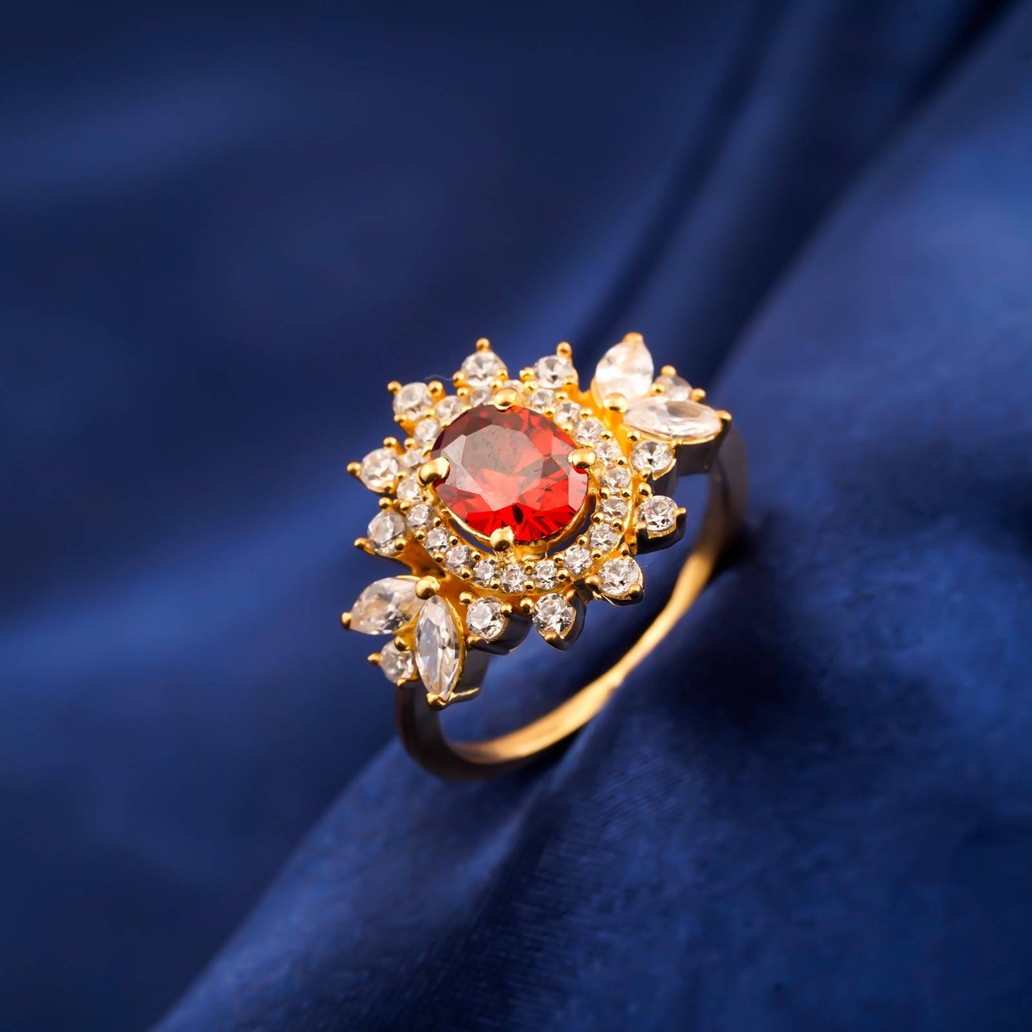 Silver Ruby Floral Halo Statement Ring