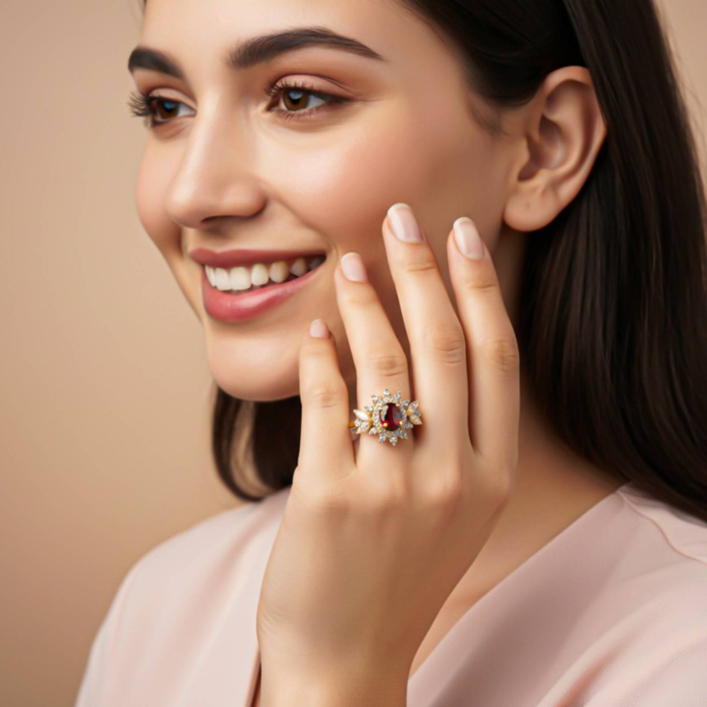 Silver Ruby Floral Halo Statement Ring