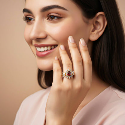 Silver Ruby Floral Halo Statement Ring