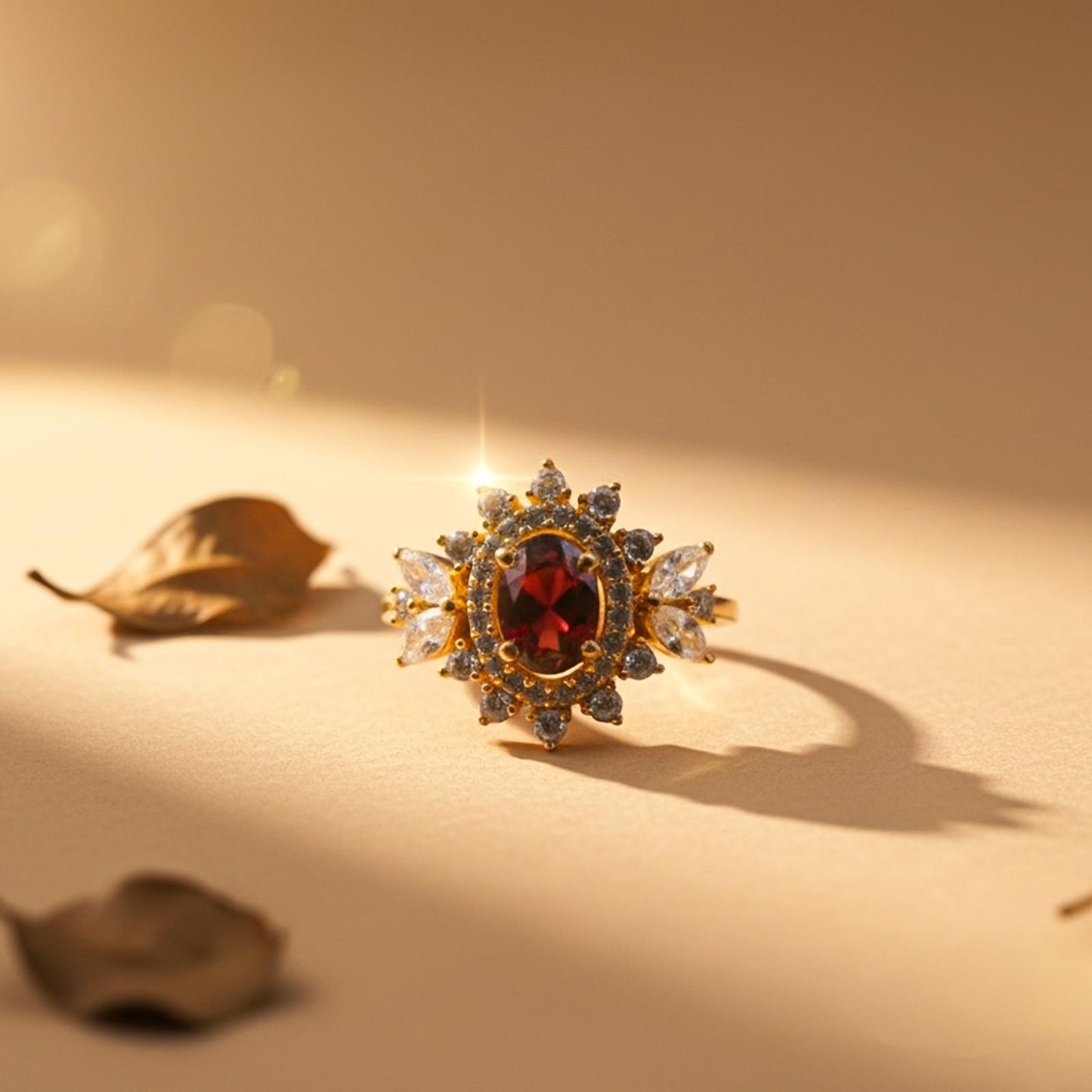 Silver Ruby Floral Halo Statement Ring