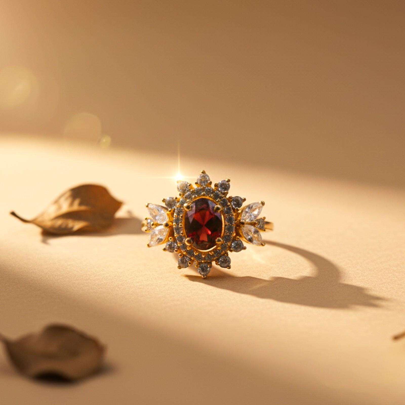 Silver Ruby Floral Halo Statement Ring