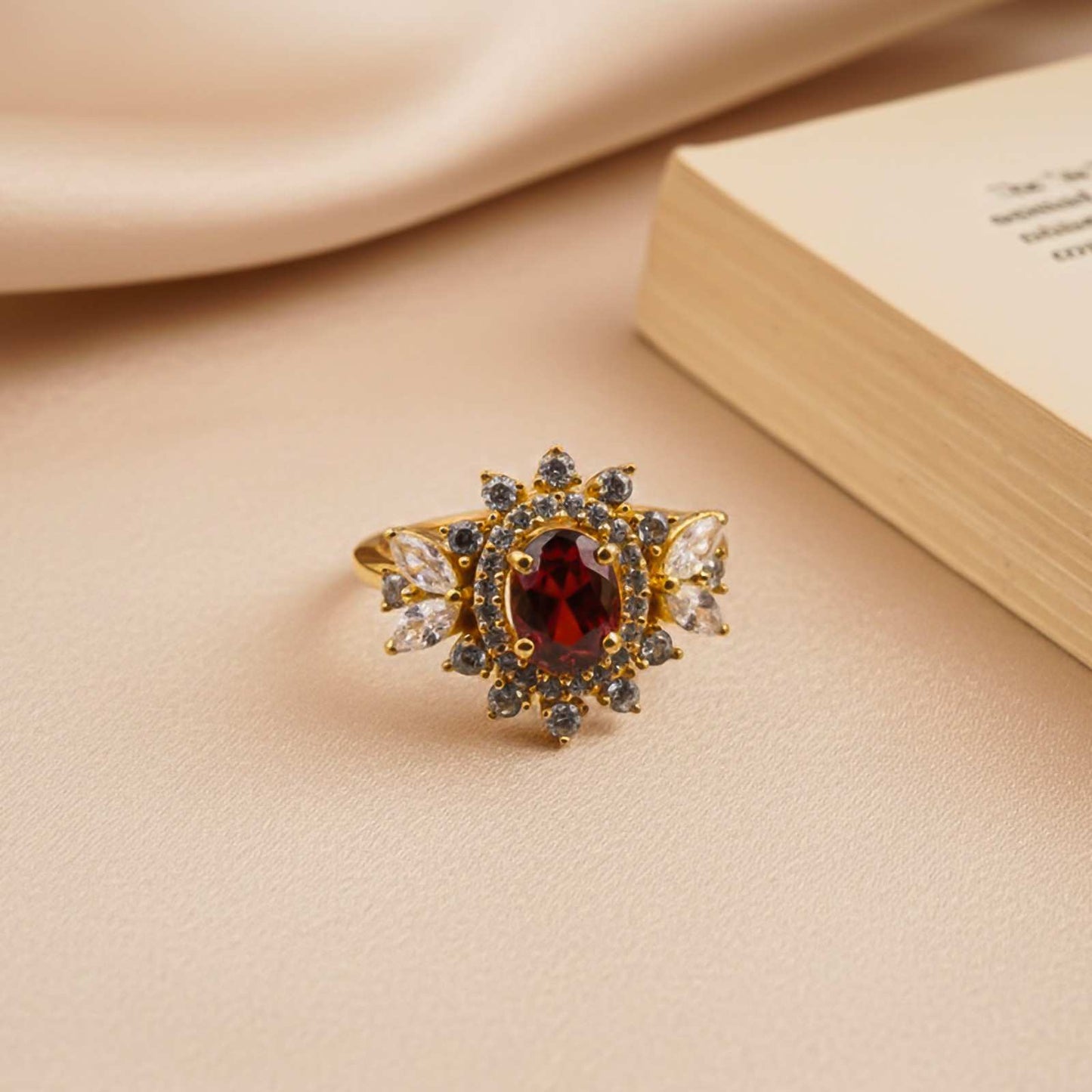 Silver Ruby Floral Halo Statement Ring