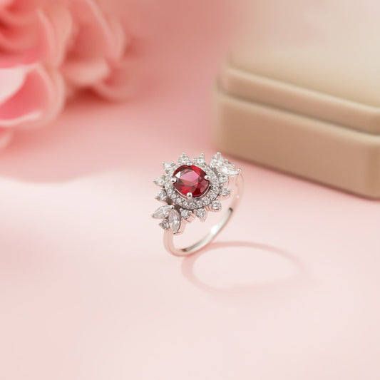 Silver Ruby Floral Halo Statement Ring