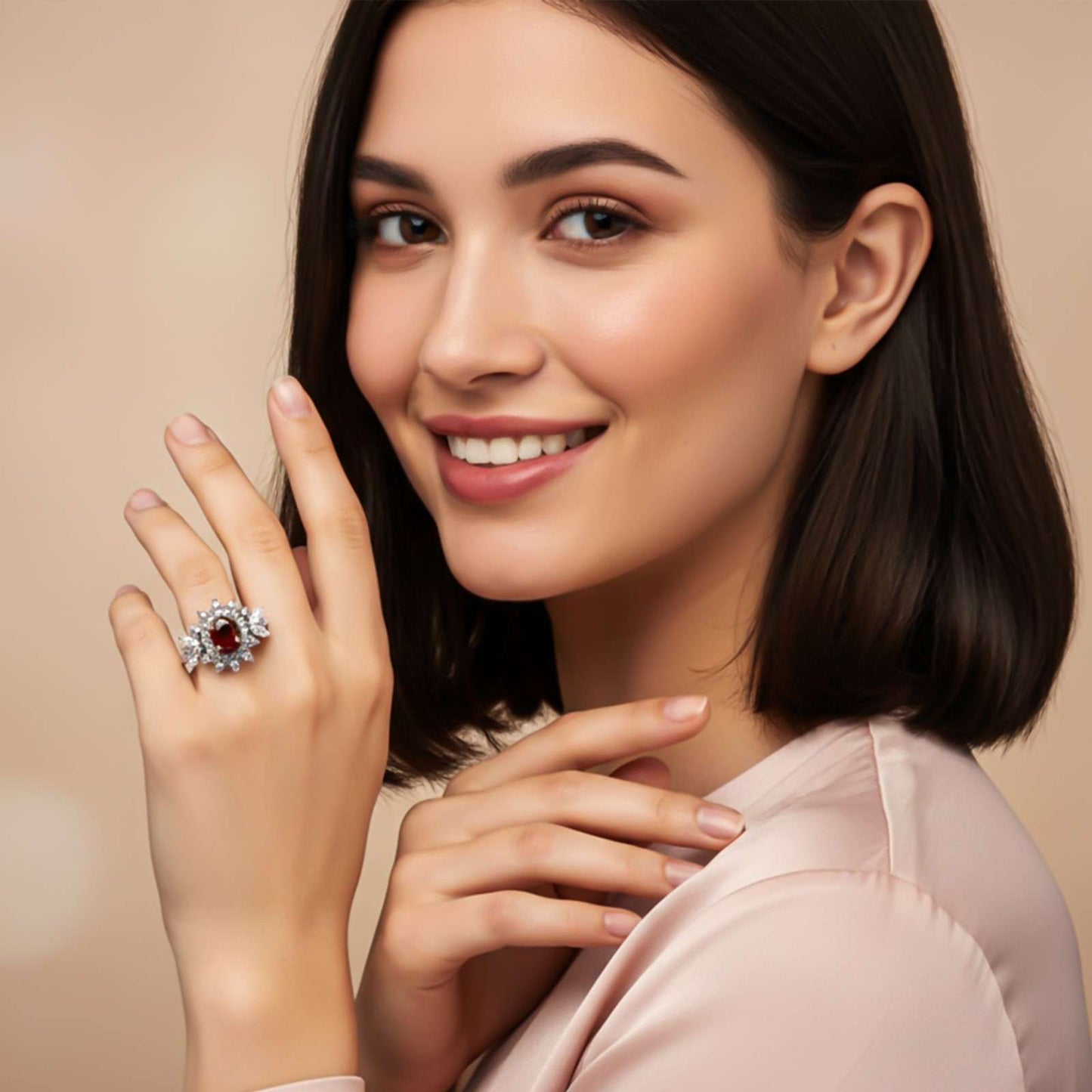 Silver Ruby Floral Halo Statement Ring