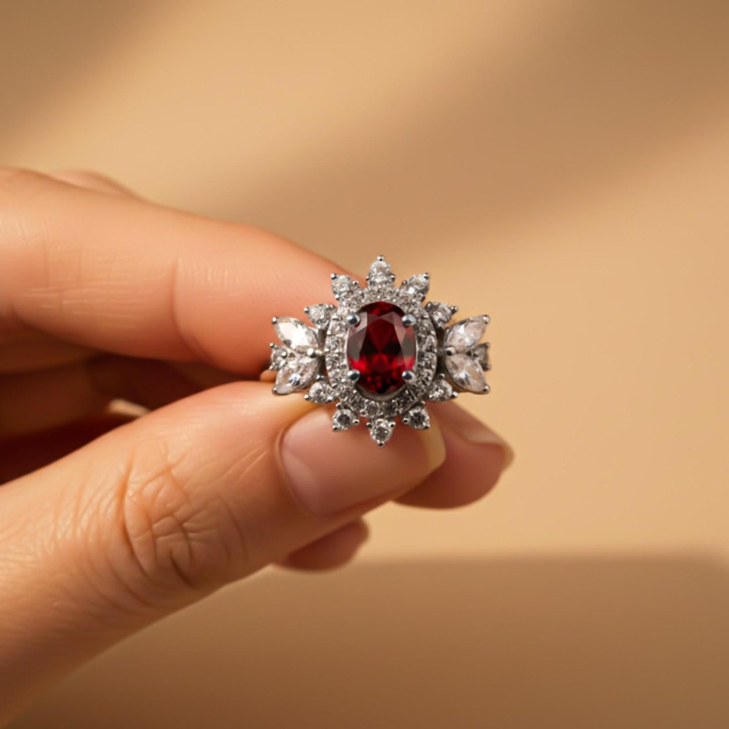 Silver Ruby Floral Halo Statement Ring