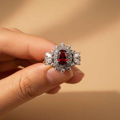 Silver Ruby Floral Halo Statement Ring