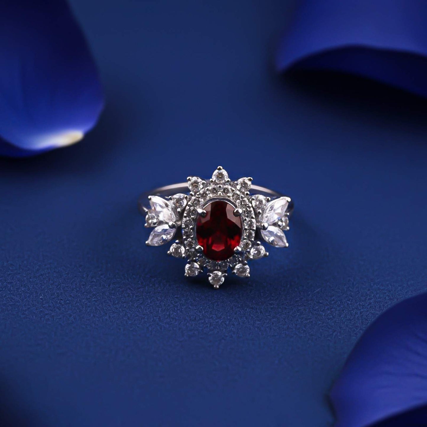 Silver Ruby Floral Halo Statement Ring