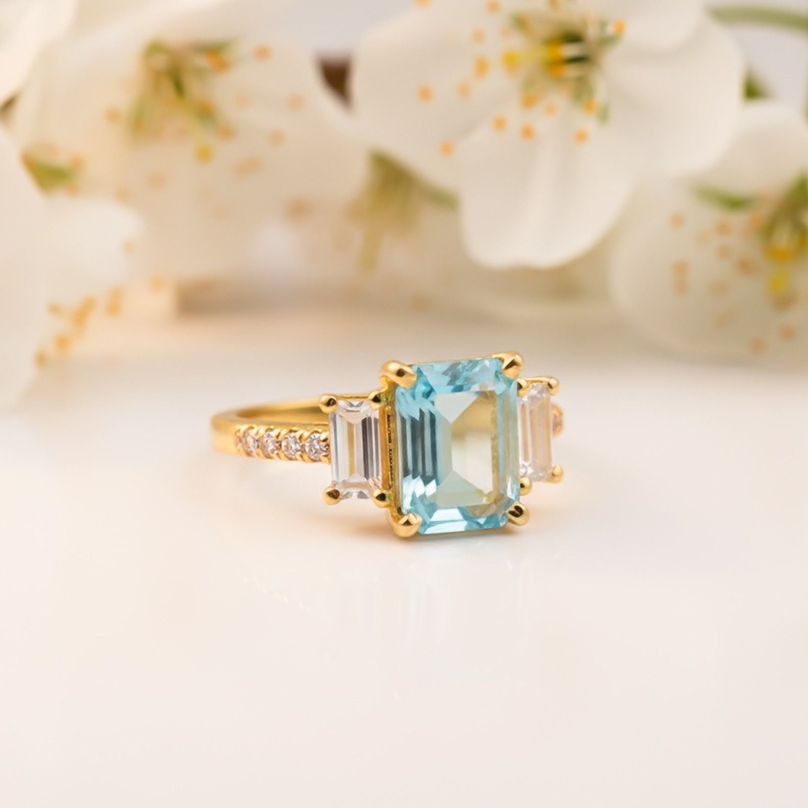 Silver Aquamarine Three-Stone Ring