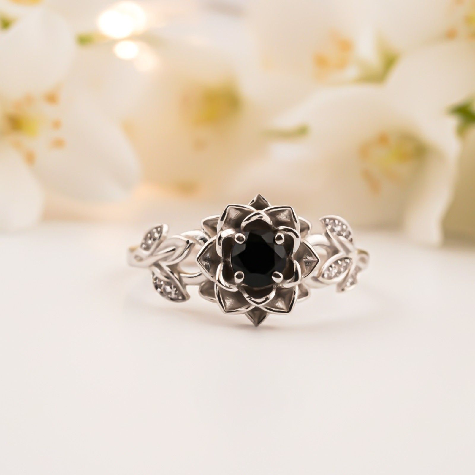 Silver Black Onyx Floral Vintage Ring