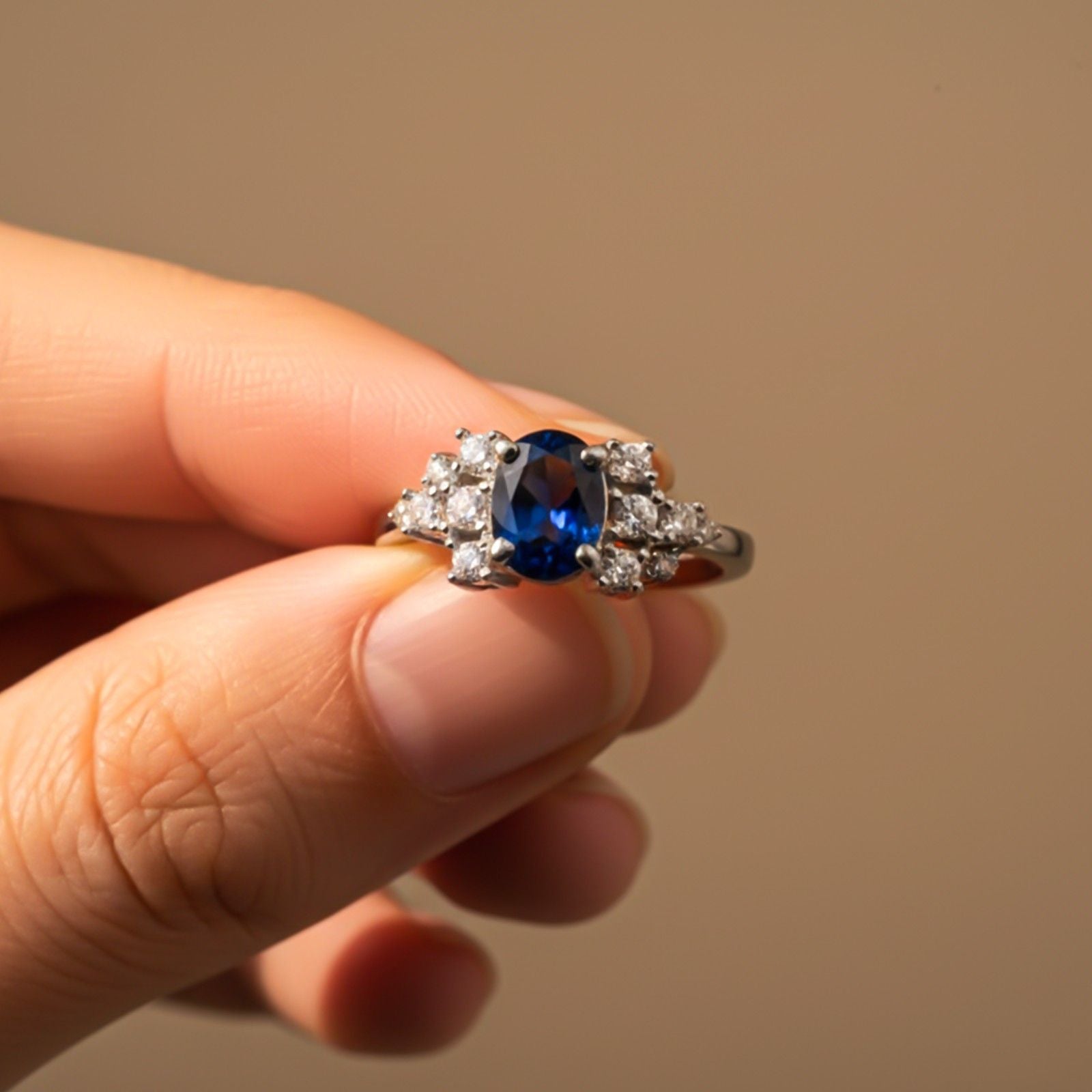 Silver Sapphire Oval Cluster Ring