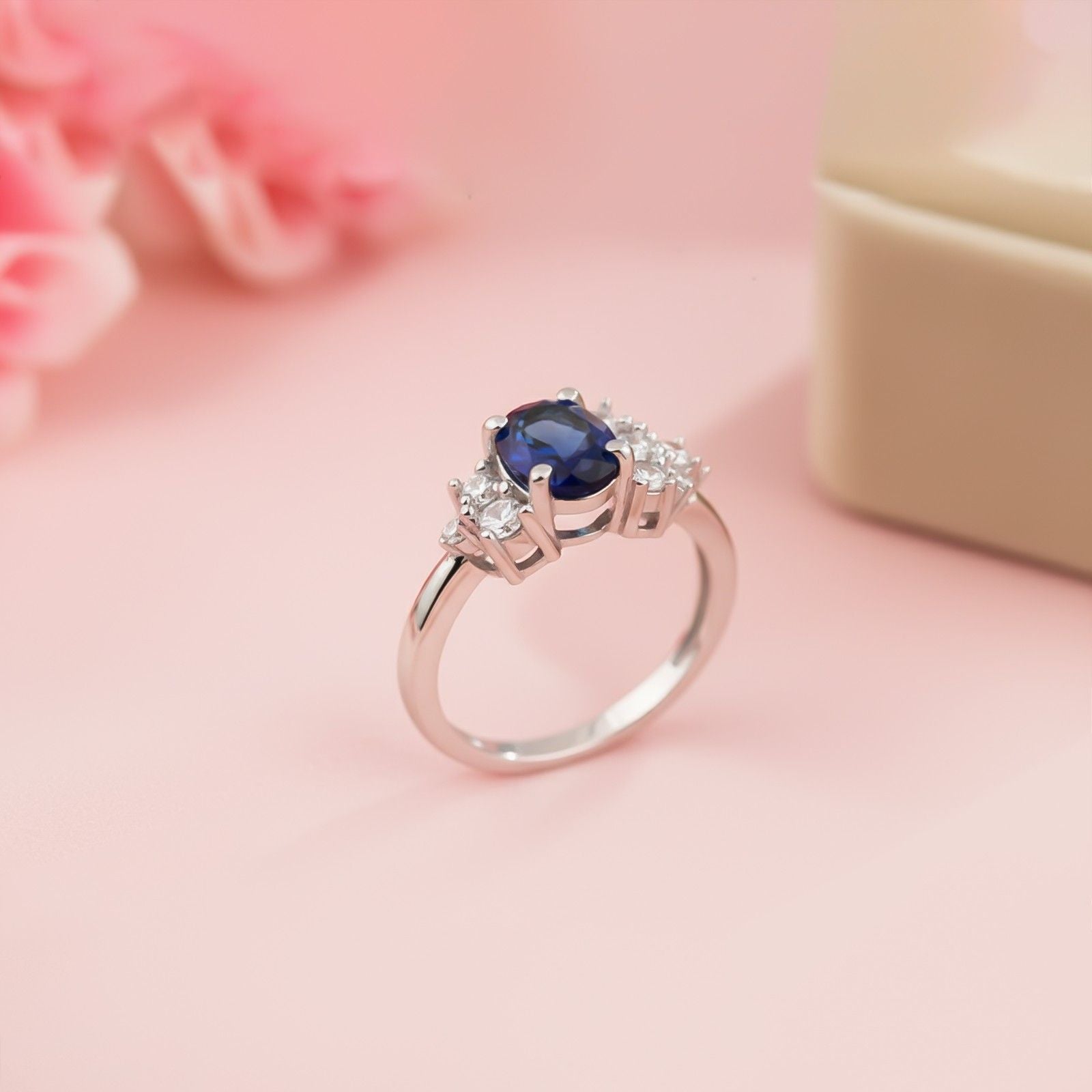 Silver Sapphire Oval Cluster Ring